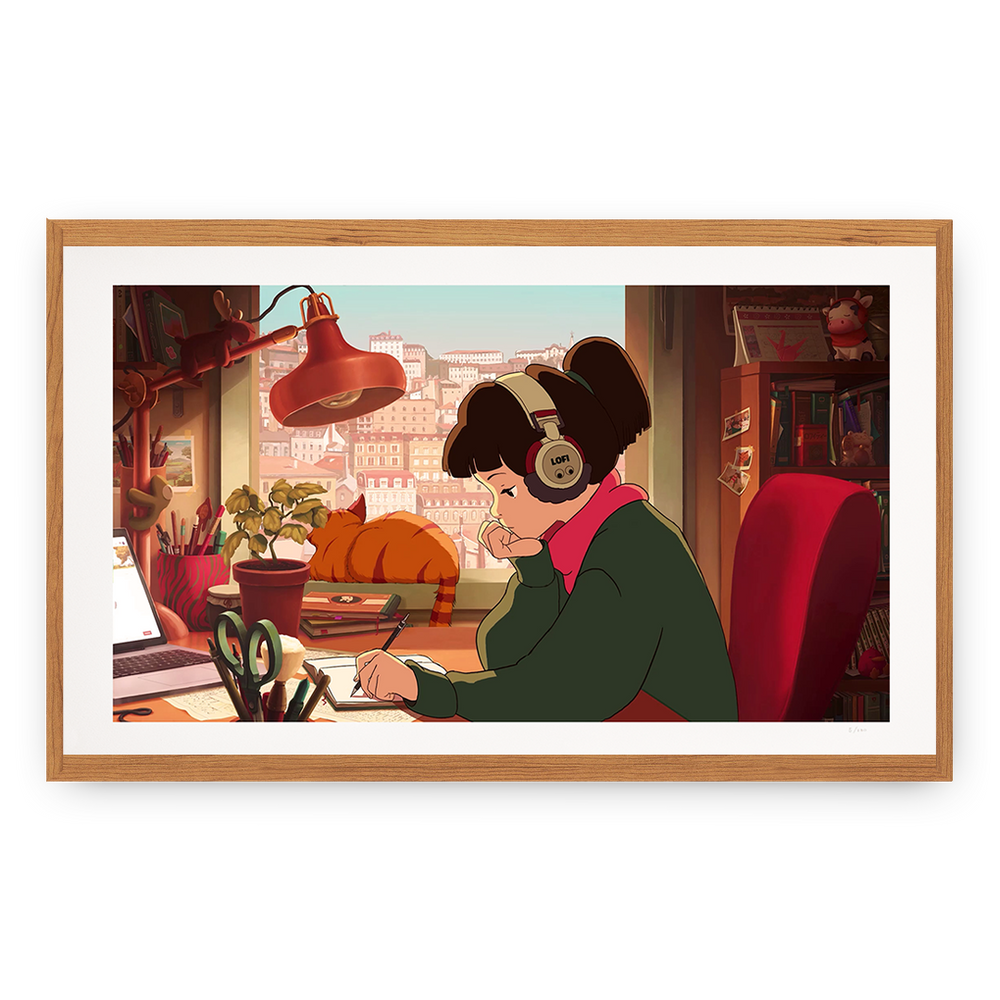 Illustration of a person sitting at a desk with a cat on the windowsill, framed in wood.