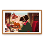 Illustration of a person sitting at a desk with a cat on the windowsill, framed in wood.