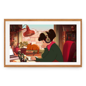
                  
                    Illustration of a person sitting at a desk with a cat on the windowsill, framed in wood.
                  
                