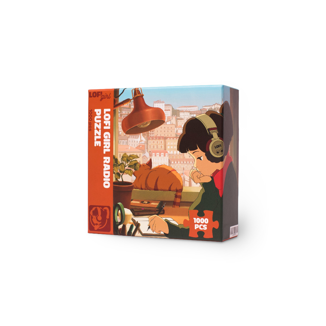 Puzzle box with a girl listening to radio design on a white background