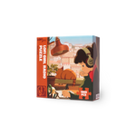 Puzzle box with a girl listening to radio design on a white background