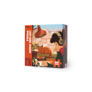 
                  
                    Puzzle box with a girl listening to radio design on a white background
                  
                