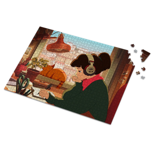 
                  
                    Jigsaw puzzle with a completed design of a person and cat in a cozy room, with missing pieces.
                  
                