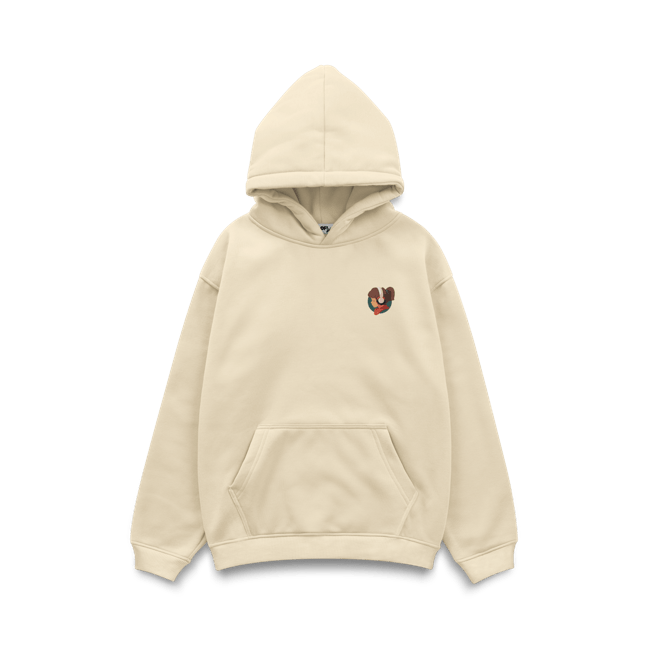 Lofi Girl Beige hoodie with a small logo on a white background