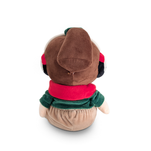 
                  
                    Plush toy with a brown head, red scarf, and green sweater on a white background
                  
                