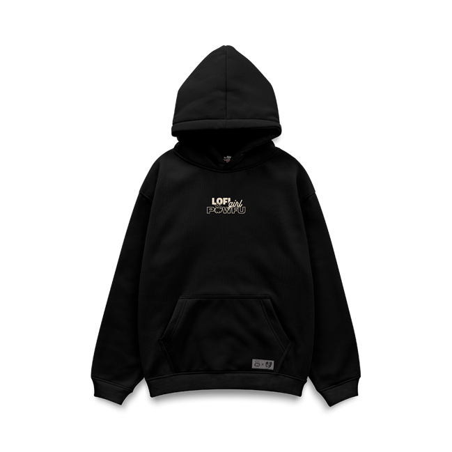 Lofi girl Black hoodie with a logo on the chest against a white background