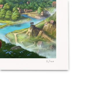 
                  
                    Illustration of a scenic landscape with a village, river, and tower.
                  
                