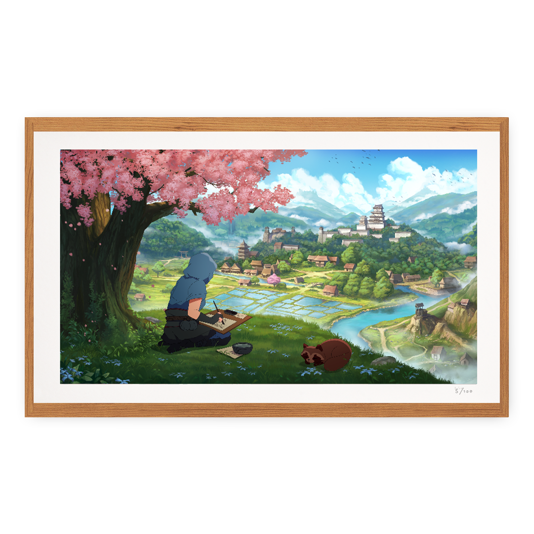 Framed artwork of a person sitting under a cherry blossom tree with a scenic landscape.