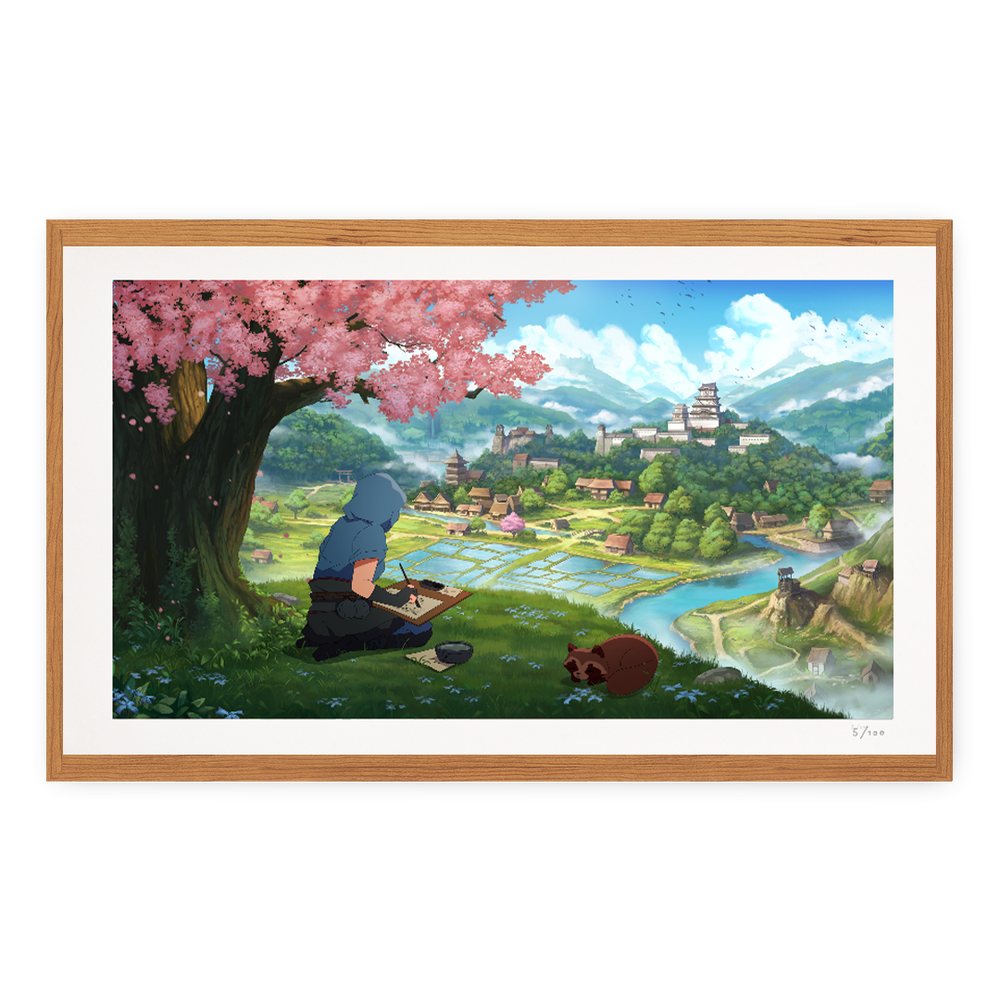 Framed artwork of a person sitting under a cherry blossom tree with a scenic landscape.