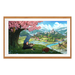 Framed artwork of a person sitting under a cherry blossom tree with a scenic landscape.