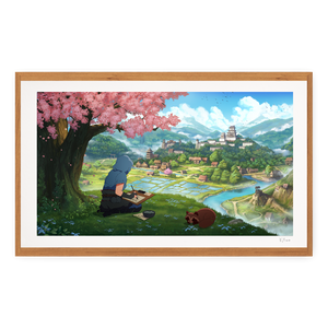 
                  
                    Framed artwork of a person sitting under a cherry blossom tree with a scenic landscape.
                  
                