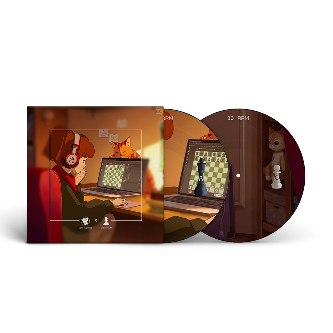 Lofi Girl x Chess.com vinyl record with cover featuring a person playing chess on a laptop, surrounded by cats.