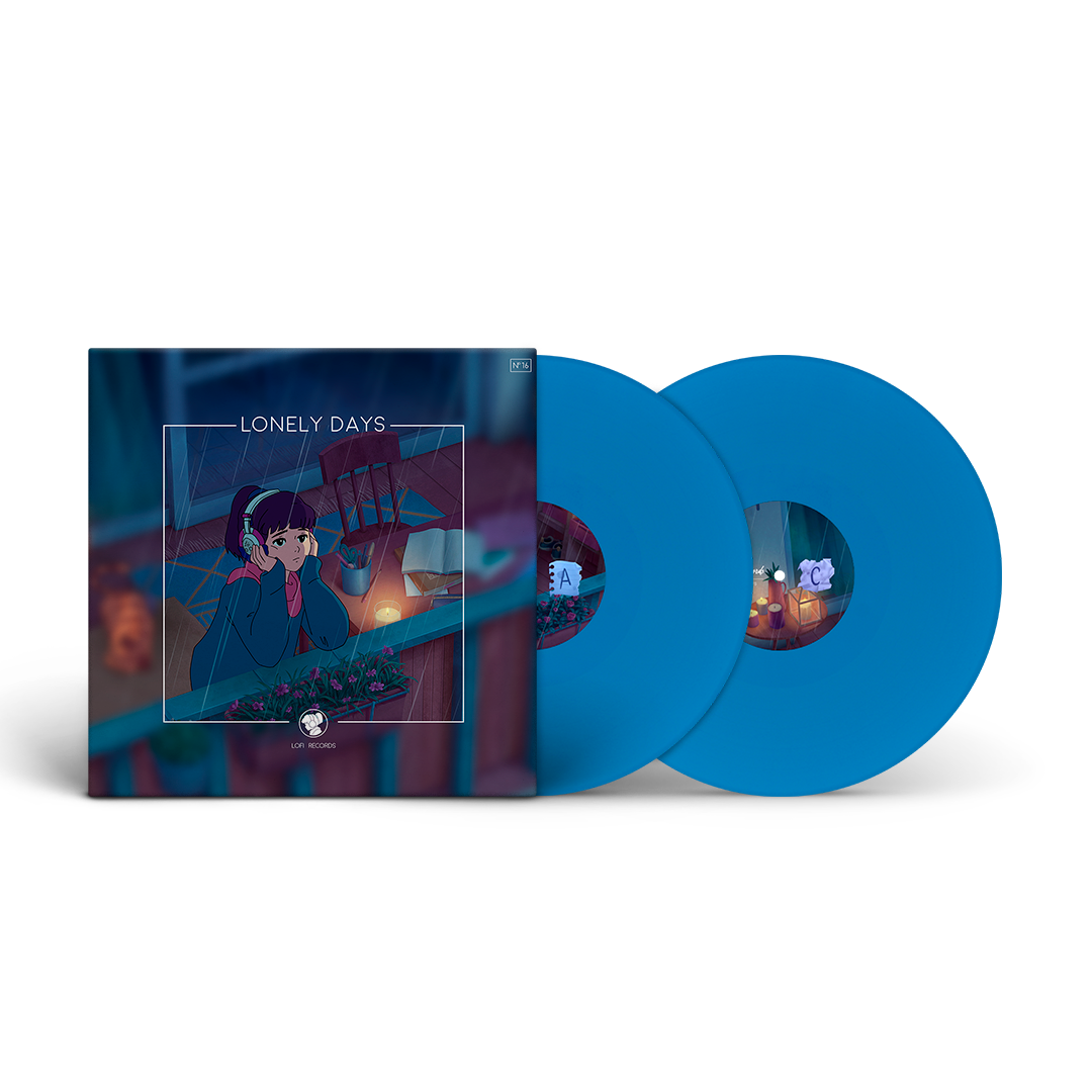 Lofi Girl Lonely Days blue vinyl record with blue disc and cover featuring an illustration of a person in headphones.