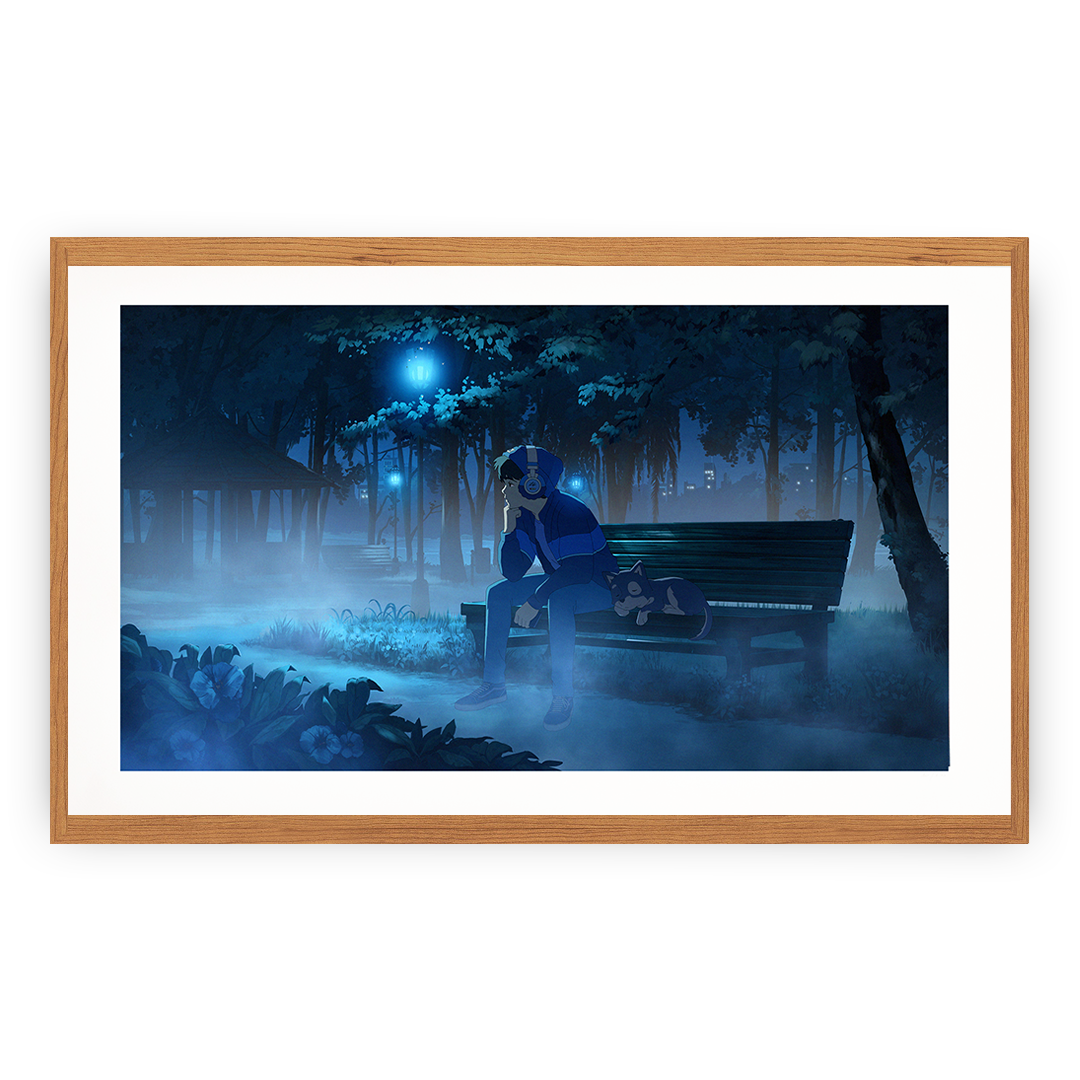 Framed artwork of a person sitting on a bench in a forest at night.