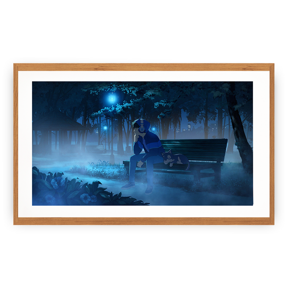 Framed artwork of a person sitting on a bench in a forest at night.