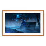 Framed artwork of a person sitting on a bench in a forest at night.