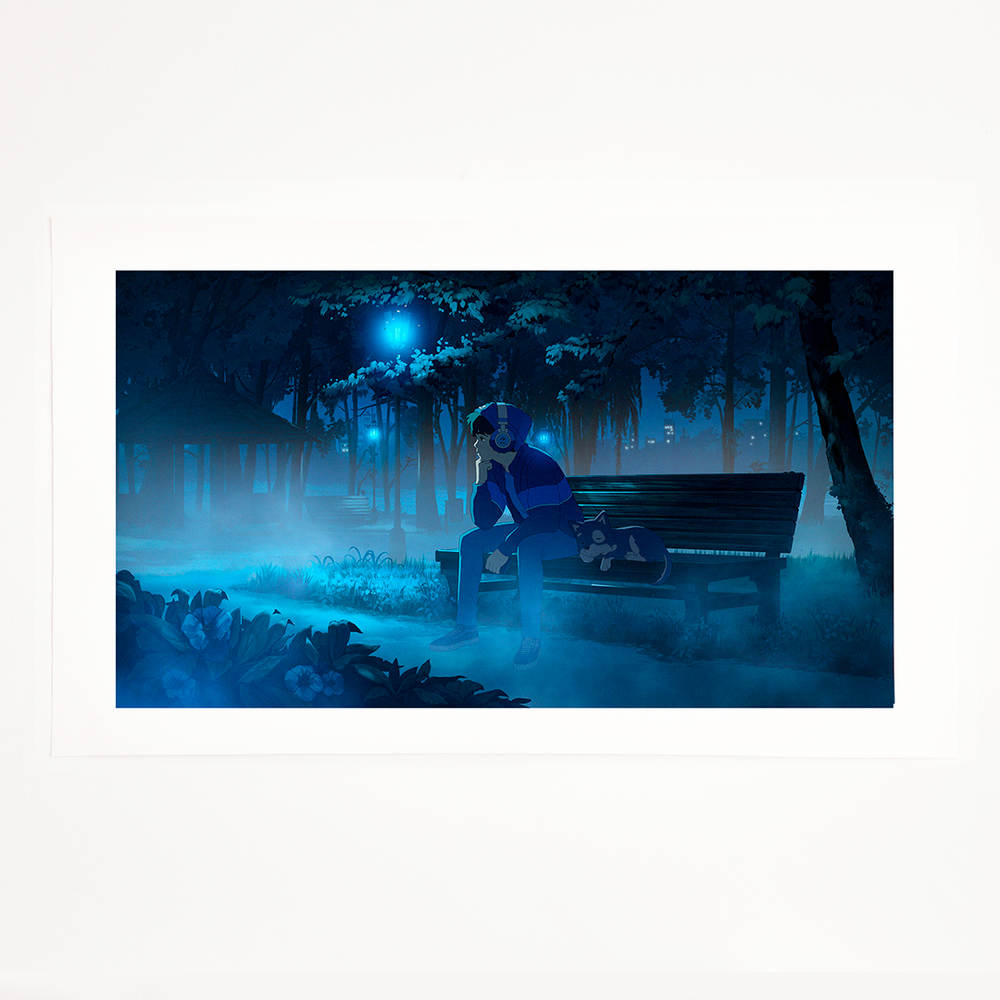 The image shows a "Lonely Night" print featuring Lofi Boy and his dog sitting on a park bench under a starry sky. Lofi Boy is listening to music on his headphones, appearing deep in thought, while his dog rests beside him. The scene is bathed in a cool blue light, with a misty ambiance that adds to the feeling of solitude and calmness. The background features a softly illuminated path and shadowy trees, creating a serene and introspective mood.