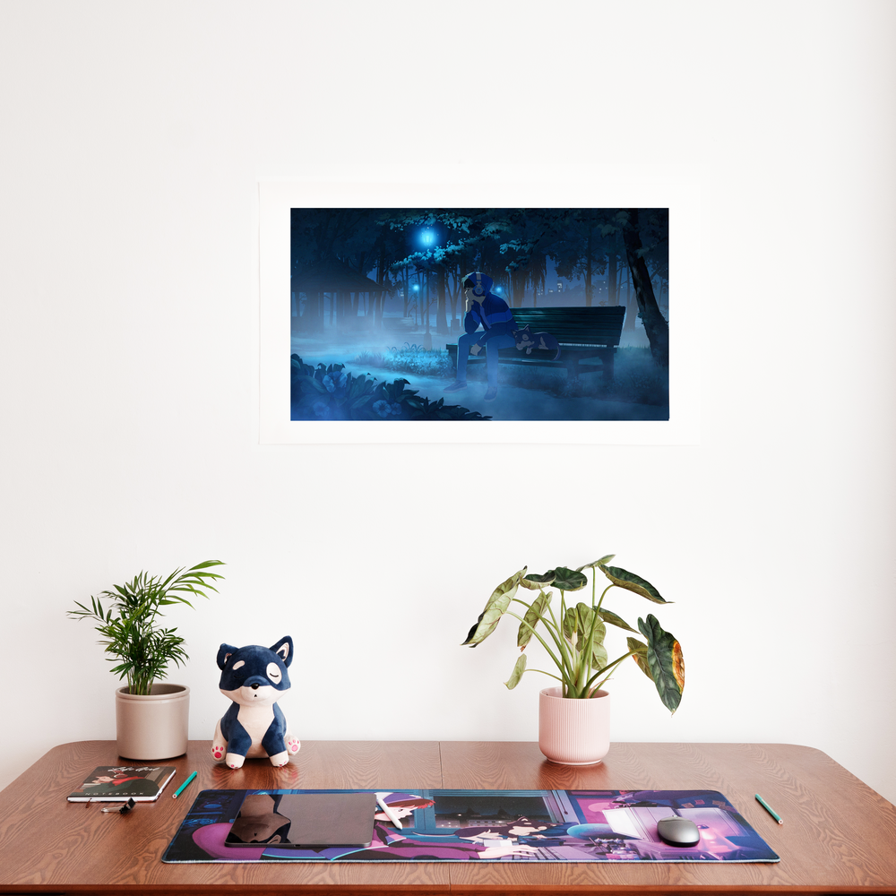 
                  
                    This image features the "Lonely Night" print on the wall above a desk. The print shows a night scene in a park with a person and a dog on a bench. On the desk, there's a "Lofi Dog" plush, a notebook, a desk mat with Lofi Girl artwork, and two potted plants, creating a cozy and calm workspace.
                  
                