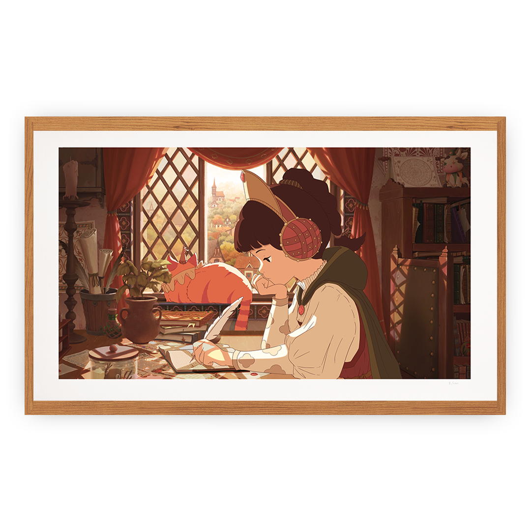 Illustration of a person sitting at a desk in a cozy room with a window in the background.