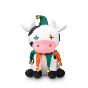 
                  
                    Plush toy cow with colorful accents on a white background
                  
                