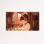 A beautiful 'Lofi Girl Medieval' print featuring the Lofi Girl in a medieval-inspired setting. She sits at a wooden desk, engrossed in writing with a quill pen, wearing vintage-style headphones that match her period attire. The room is richly decorated with ornate drapes, wooden shelves filled with books, and a large window offering a view of a distant castle and lush landscape. A cat sleeps peacefully on the windowsill, adding a touch of warmth to the scene, which blends historical charm with a sense of ca