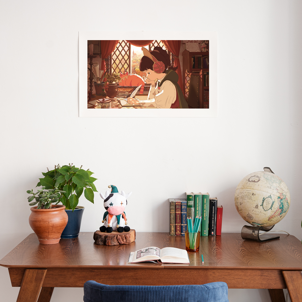 
                  
                    A cozy study area featuring a 'Lofi Girl Medieval' print on the wall, depicting Lofi Girl writing with a quill pen in a medieval setting. Below the print, a wooden desk is neatly arranged with potted plants, a plush toy, a collection of classic books, a glass filled with colorful pencils, and a vintage globe. The setting creates a warm and inviting space, perfect for studying, reading, or creative activities, blending historical charm with a modern, cozy aesthetic.
                  
                