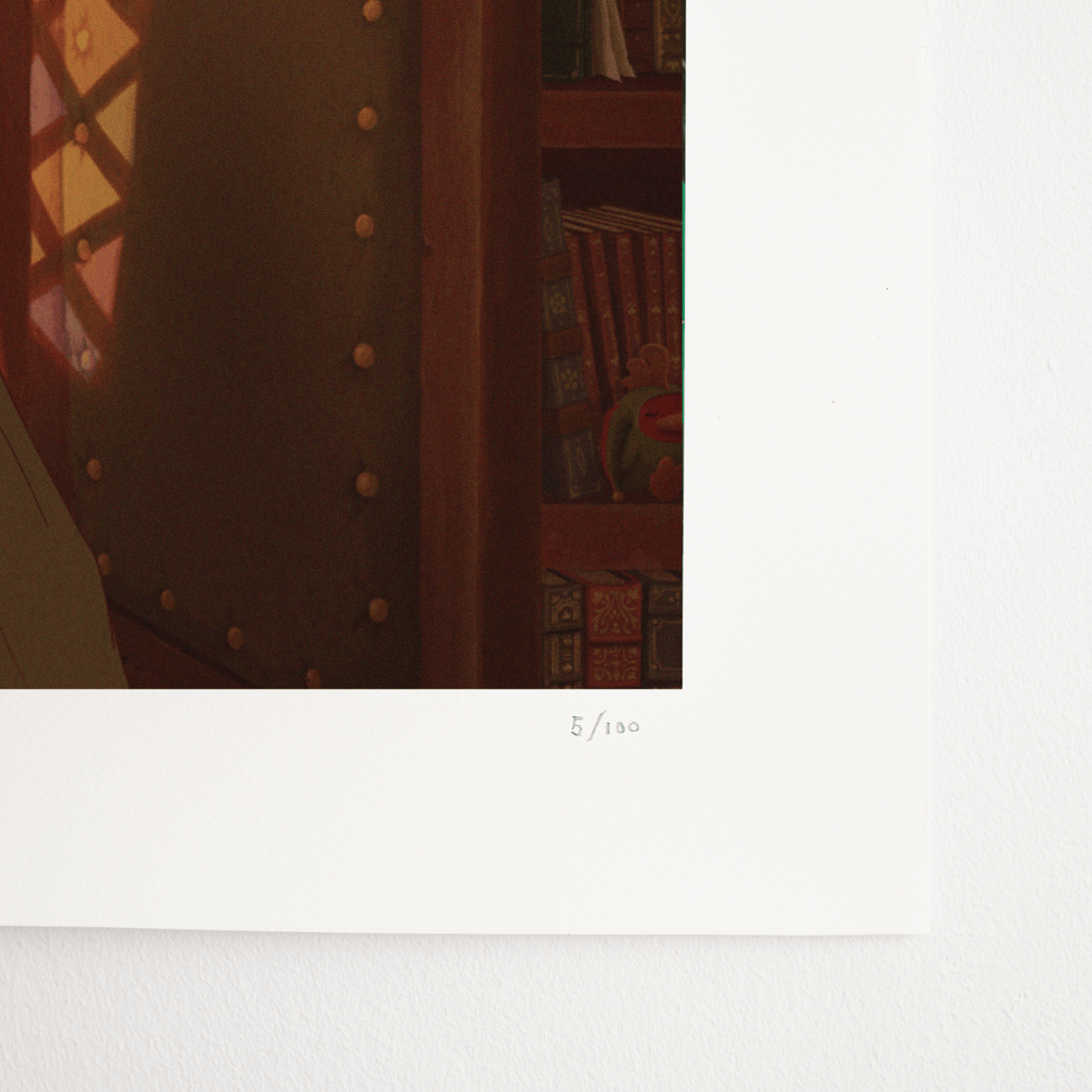 
                  
                    A close-up view of the bottom right corner of the 'Lofi Girl Medieval' print, showcasing fine details of the artwork, including a studded chair and a bookshelf filled with vintage books. The print is numbered 5/100, indicating it is a limited edition piece, adding a touch of exclusivity and uniqueness to this beautifully illustrated scene.
                  
                