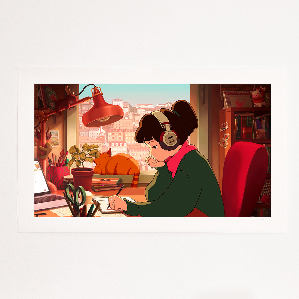 A print of Lofi Girl studying at her desk with a city view outside the window. Her cat is sleeping on the windowsill, and she is writing on a notepad. The print is labeled '5/100' in the bottom right corner.