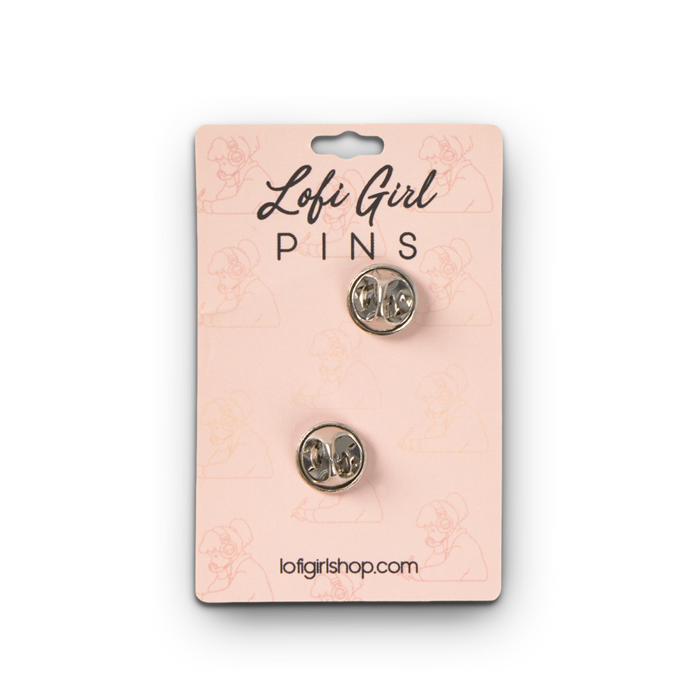 
                  
                    Two silver pins on a pink card with 'Lofi Girl Pins' branding.
                  
                