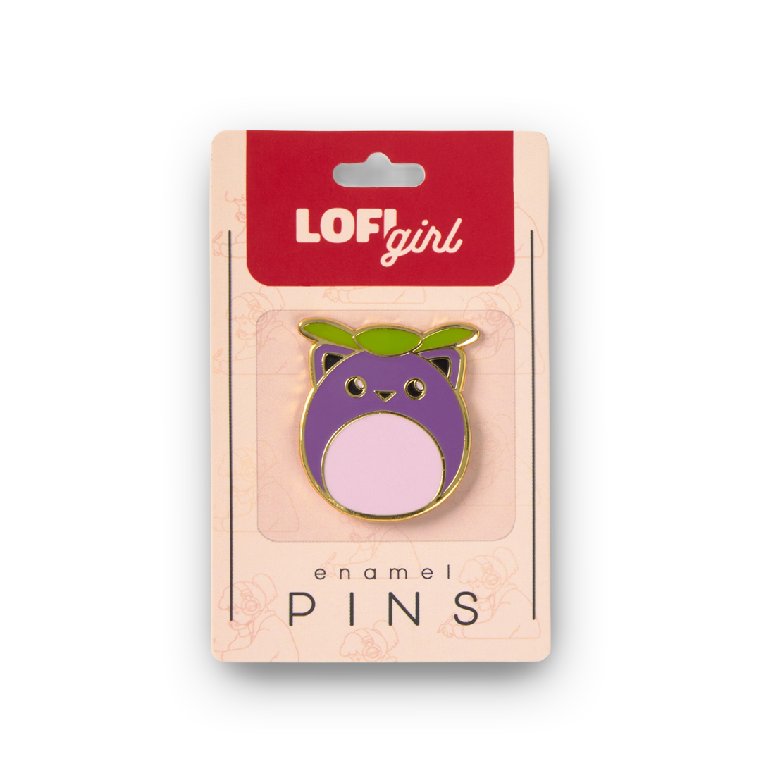 Purple enamel pin with green leaf on a LOFI girl branded card against a white background
