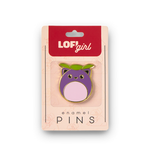 
                  
                    Purple enamel pin with green leaf on a LOFI girl branded card against a white background
                  
                