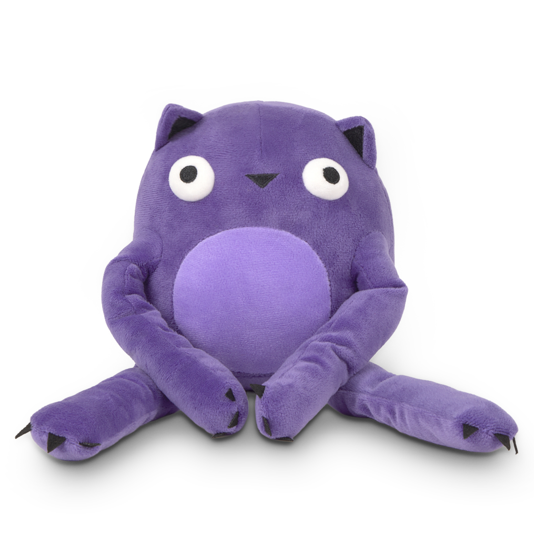 Purple plush toy with a sad expression on a white background