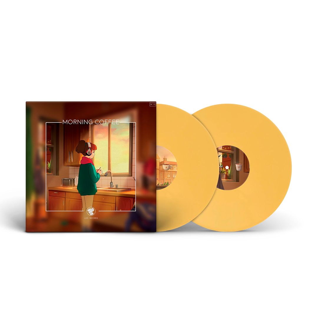 Lofi Girl Morning Coffee vinyl record with a yellow disc and cover featuring a person in a kitchen.