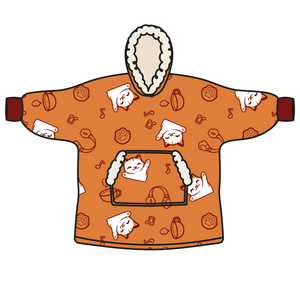 
                  
                    An orange hoodie with an all-over pattern of small cartoon animals and objects.
                  
                