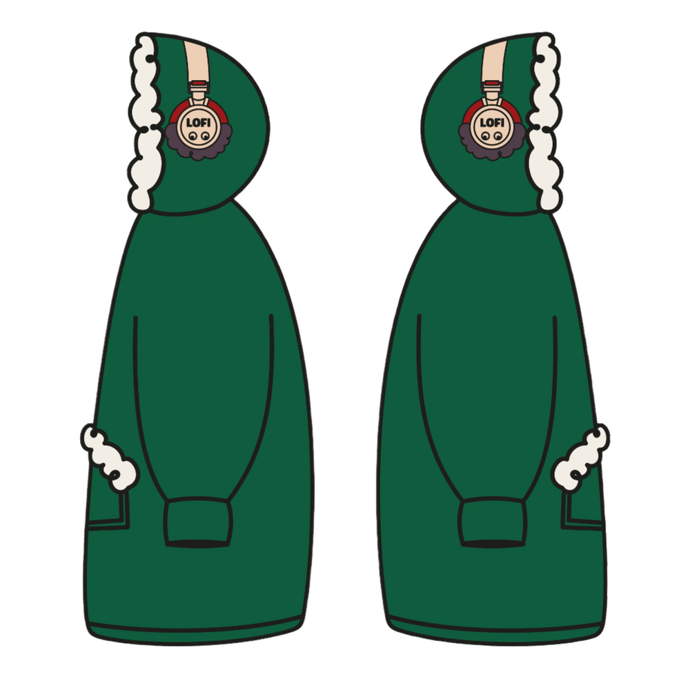 
                  
                    Side and back view of the green hoodie with the hood up.
                  
                