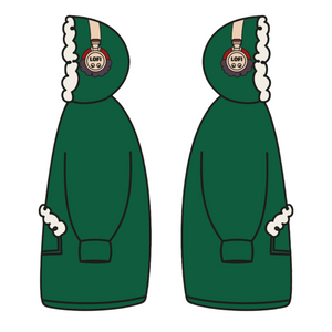 
                  
                    Side and back view of the green hoodie with the hood up.
                  
                