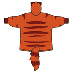 The back view of the orange hoodie with a striped cat tail and a curled-up cat design.