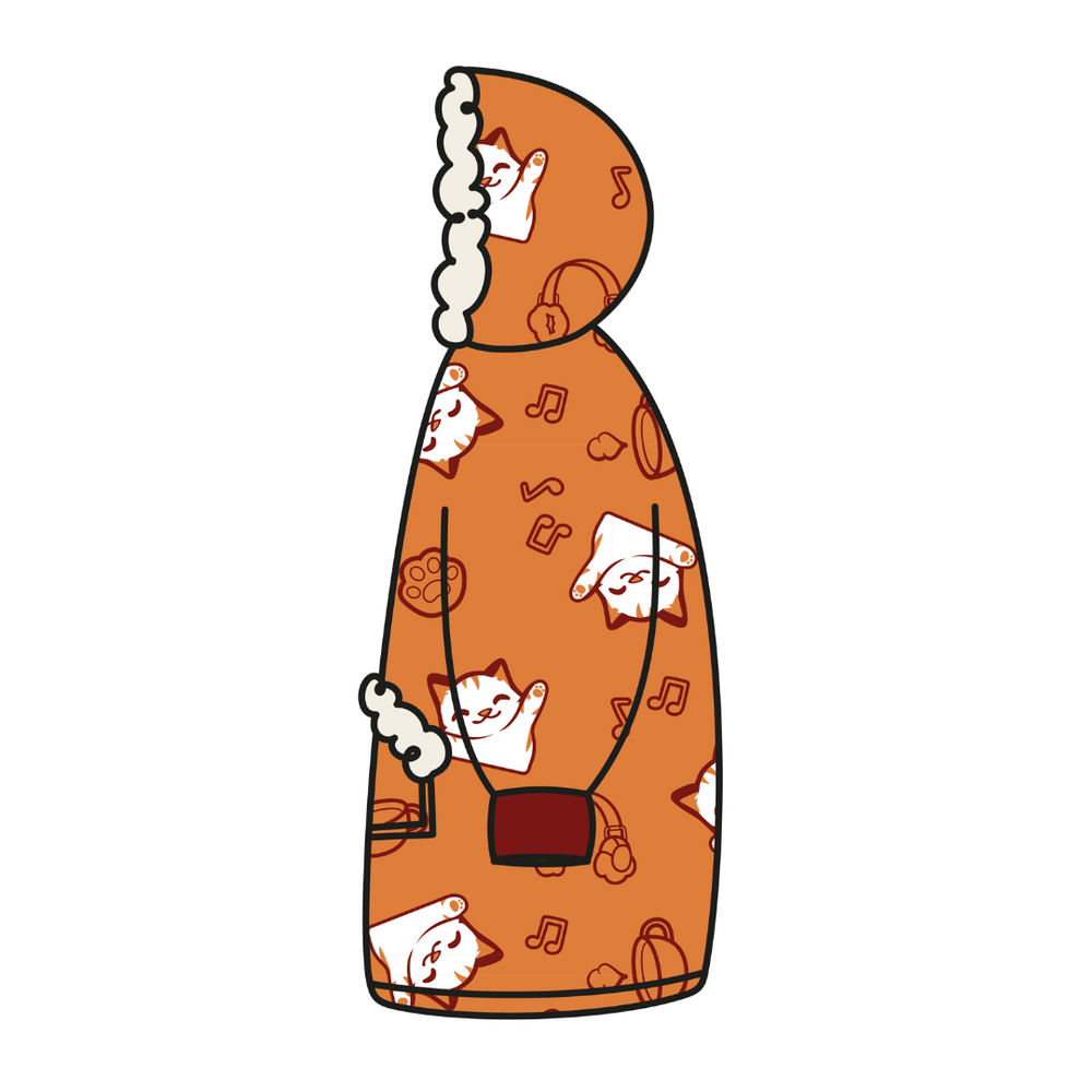 
                  
                    Side view of an orange hoodie with a fluffy hood, featuring a pattern of cats, music notes, and other objects.
                  
                