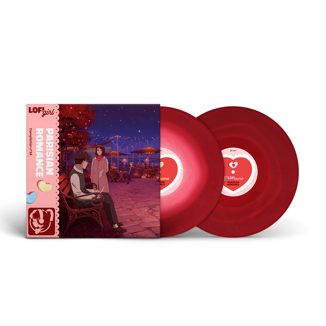 Red vinyl records with a matching cover featuring a couple at night.