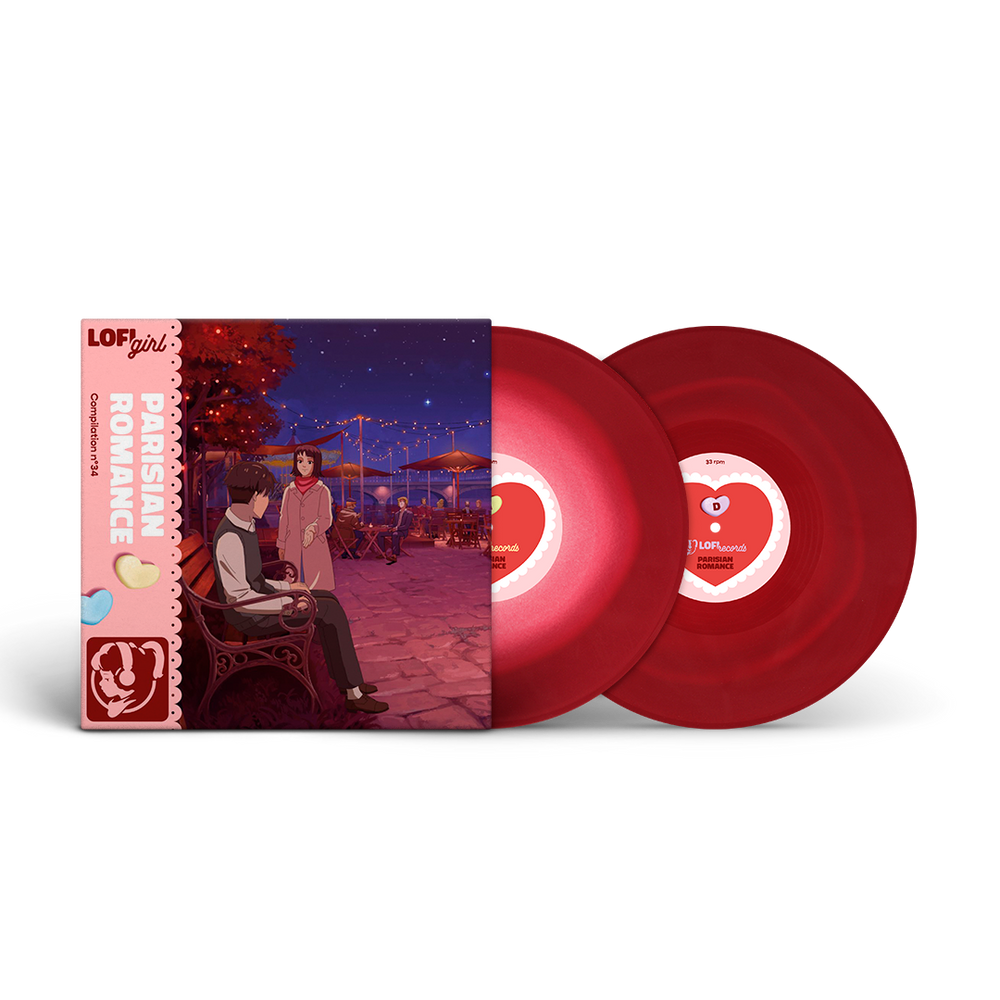 Red vinyl records with a matching cover featuring a couple at night.