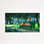 Print of Lofi Girl sitting on a park bench with her cat, enjoying a peaceful day surrounded by greenery.