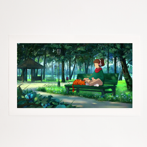 
                  
                    Print of Lofi Girl sitting on a park bench with her cat, enjoying a peaceful day surrounded by greenery.
                  
                