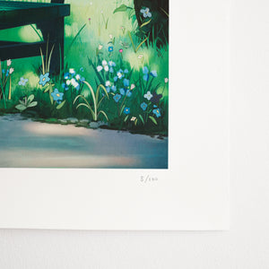 
                  
                    Close-up of a limited edition print, showing vibrant green foliage and colorful flowers, marked as 5 out of 100.
                  
                