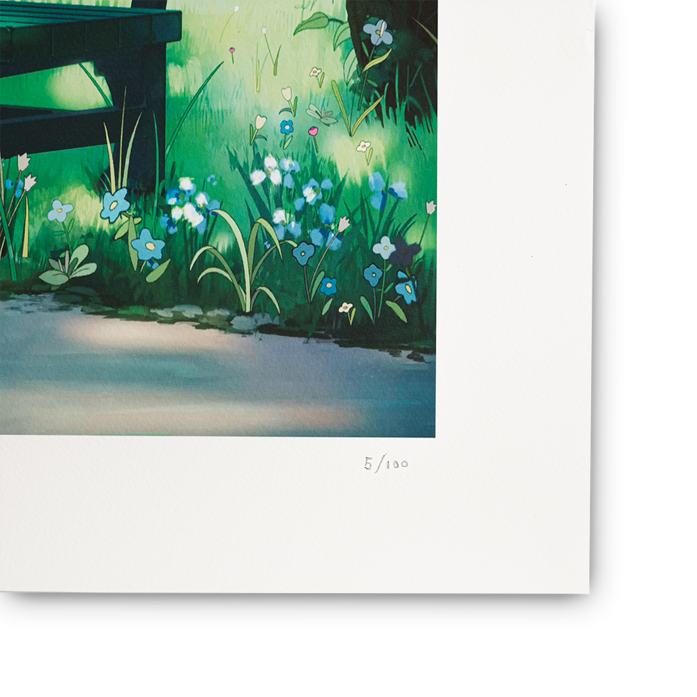
                  
                    Art print of a garden scene with flowers and a bench on a white background
                  
                