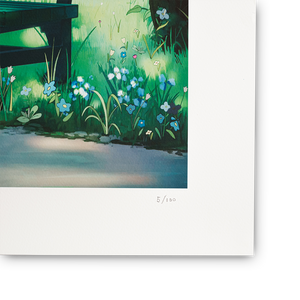 
                  
                    Art print of a garden scene with flowers and a bench on a white background
                  
                