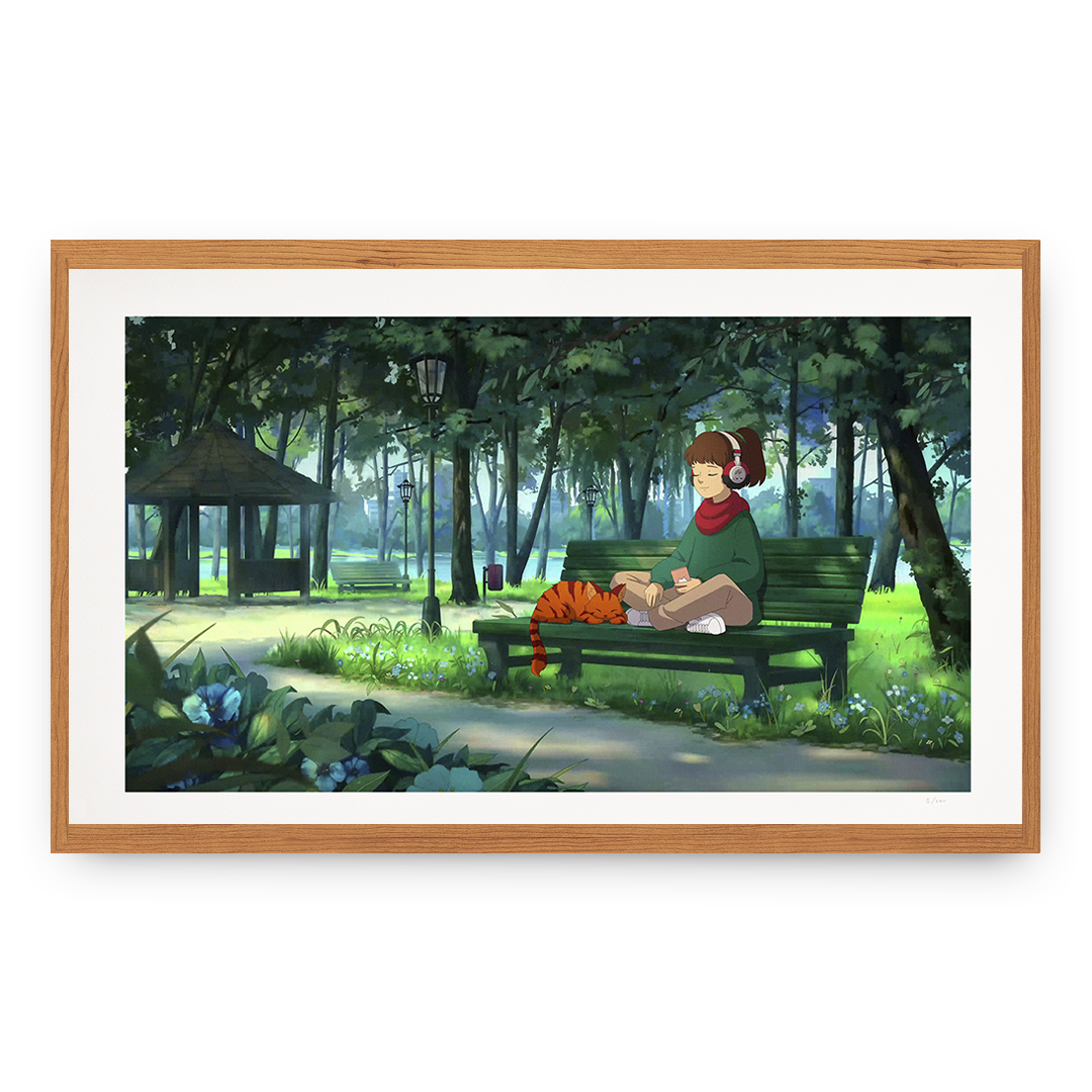 Framed artwork of a person sitting on a bench in a park with a cat, surrounded by greenery.