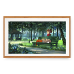 Framed artwork of a person sitting on a bench in a park with a cat, surrounded by greenery.