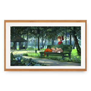 
                  
                    Framed artwork of a person sitting on a bench in a park with a cat, surrounded by greenery.
                  
                