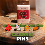 Classic Pins from Lofi Girl: Mystery box featuring a surprise selection of classic pin designs including a red bird, cow with headphones, and sleeping cats.