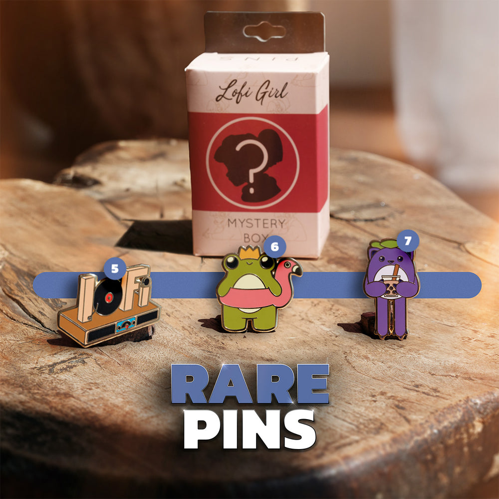 
                  
                    Rare pins from the Lofi Girl collection, featuring a turntable, a green character with a red bird, and a purple character with a flute, displayed with a mystery box packaging in the background.
                  
                